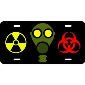   Gas Mask with Nuclear & Biohazard Warnings Auto License Plate Black