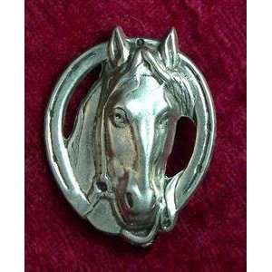  Horsehead in Horseshoe Brooch   Solid Pewter Everything 