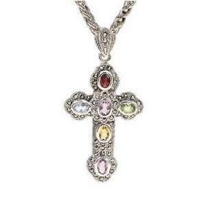  Sterling Silver Marcasite Cross Pendant Wth Gems Jewelry
