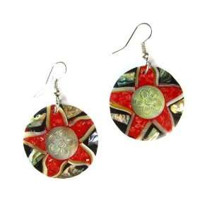  Mother of Pearl and Red Sponge Coral Circular Dangle 