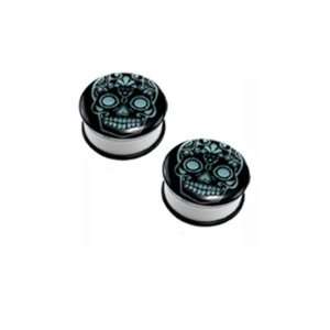 White Acrylic Single Flare Plugs with Glow in the Dark Day of the Dead 