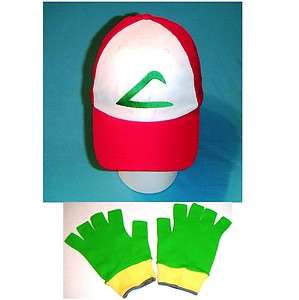 Ash Ketchum Hat Gloves FABRIC set costume Cap Pokemon Hat Adult or 