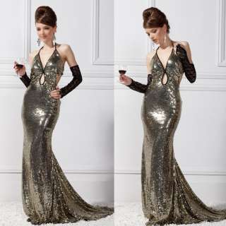 New Women Evening party Deep V neck Formal gown bride Sequin gold 