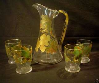 LOVELY ANTIQUE GLASS LEMONADE SET, PITCHER & 4 TUMBLERS  
