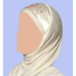  Ivory 1 Piece Hijab with Embroidery on Satin Front 