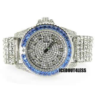 Custom Sapphire Blue and White Mens Fully Iced Out Hip Hop Watch 