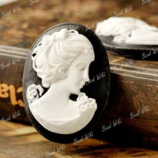 Black White Resin Oval Lady Girl Vintage Cabochon Cameo 38x28mm 
