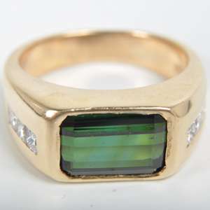 Mens 14k Yellow Gold Genuine Diamond+Synthetic Emerald Ring Size 8.5 