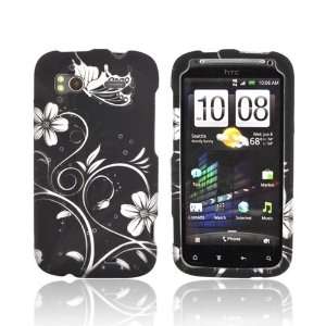  White Flowers & Butterfly on Black Rubberized Protective 