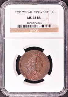 1793 WREATH 1C NGC MS 62 BN  