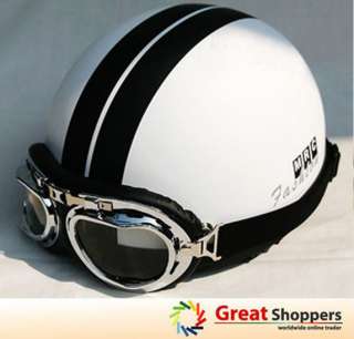New White w/ Black Stripe Vintage Motorcycle Race Half Face Helmet 