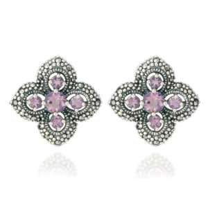   Sterling Silver Marcasite and Amethyst Flower Button Earrings Jewelry