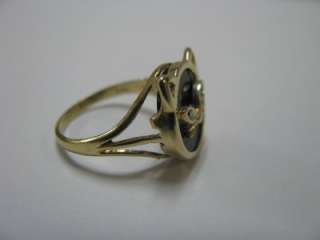 Onyx Cat Ring, 14K Yellow Gold, Diamond Eyes, TRU BRITE, Size 6.5 