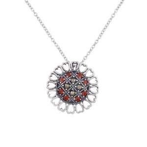   Garnet and Marcasite Textured Flower Pendant Necklace, 18 Jewelry