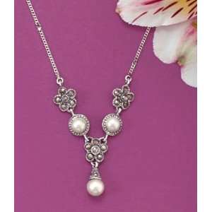 6mm Imitation Pearl/Marcasite Sterling Silver Chain Necklace, 16 in 