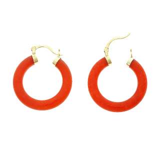 14KT YELLOW GOLD   RED JADE LARGE SIZE HOOP EARRINGS  