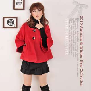 Korea Womens Cute Red Cashmere Flare Sleeve Short Coat  