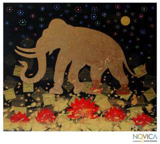Elephant & Red Lotus Original Fine Art Painting ~Novica  