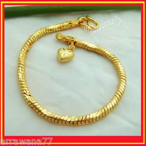 Heart 22K 23K 24K THAI BATH YELLOW GOLD GP Charm Bracelet 7 inch 14 