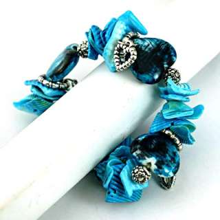 z9792 Blue Shell Heart Beads Dangle Stretchy Bangle Bracelet Fashion 