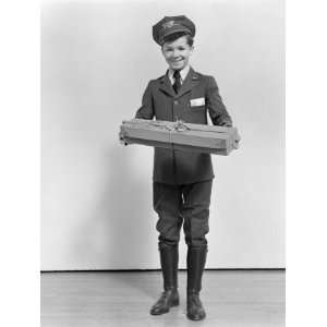 Smiling Boy Wearing a Western Union Hat and Uniform Photographic 