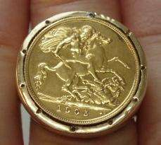 22k ct 1905 Half Gold Sovereign Edward VII Mens Ring 15.70g US 12 1/2 