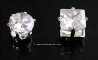 PAIR CZ CLEAR SQUARE/ROUND MAGNETIC STUDS EARRINGS  