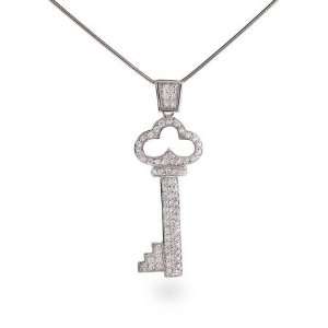 Sterling Silver Pave CZ Antique Skeleton Key Pendant Length 16 inches 