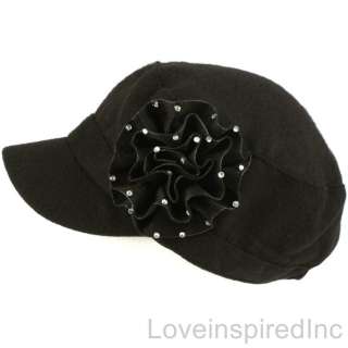 Winter Cadet Military Cabbie Hat Flower Accent Cap Black D&Y david and 