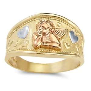  Heart Angel Ring 14k White & Rose & Yellow Gold Band, Size 