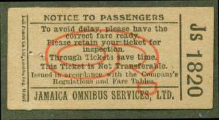 Jamaica Omnibus Services Ltd bus ticket 6d undated  