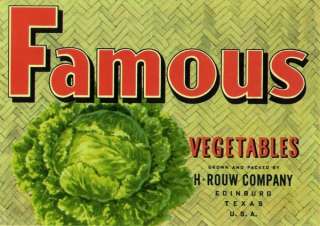 Famous Vegetables Brand Crate Label Edinburg, Texas  