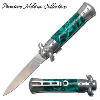 Stiletto Style Spring Assisted Pocket Knife   Green Pearl Handle 