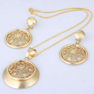 Gold Plated Cricle Pendant W/ Hollow Flower Necklace Dangle Earring 