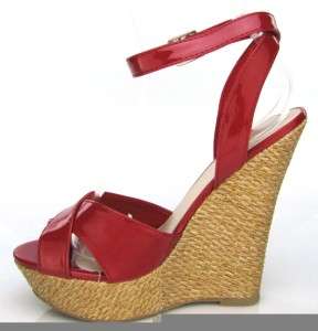 DELICIOUS LYCRA S RED PATENT RATTAN PLATFORM WEDGE  