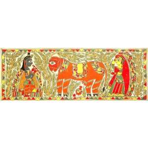   Cow   Madhubani Painting on Hand Made Paper treated with Cow Dung
