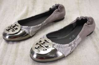 Tory Burch Lee Lee Tricolor Taupe grey leather platinum Snake flats 6 