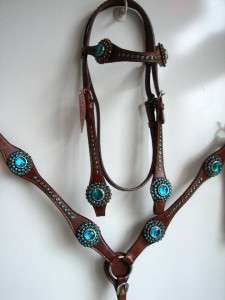   LEATHER WESTERN HEADSTALL Breastplate SHOW TACK BLUE BLING SET  