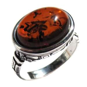   Amber and Sterling Silver Mayan Design Ring Sizes 5,6,7,8,9,10,11,12