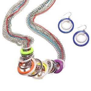   Blue Chains; Multicolor Metal Hoops; Lobster Clasp Closure; Matching