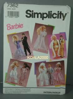 SIMPLICITY PATTERN 7362 FOR 11 1/2 FASHION DOLLS such as Barbie doll 