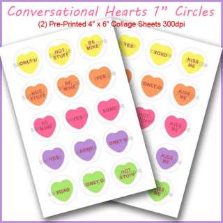 PRINTED Conversational Hearts Bottle Cap Set 1 Inch Circles 4x6 