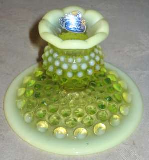 CIRCA 1940 FENTON VASELINE OPALESCENT HOBNAIL ART GLASS CANDLE HOLDER 