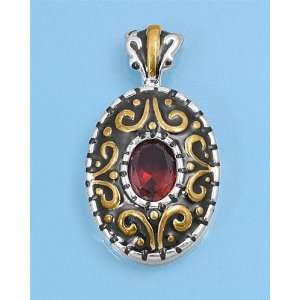  Sterling Silver Two Tone Antique Style Oval Garnet CZ Pendant Jewelry