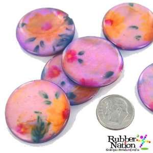  Watercolor Batik Shell Beads 30mm Coins 4pc PURPLE FLORAL 