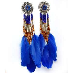 Celebrity Style Long Cherokee Blue Dangle Oversized Feather Earrings