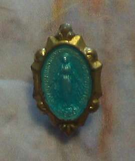 Beautiful Antique Blue Enamel Miraculous Medal Pin  