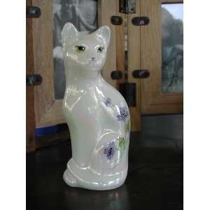   Pearl Glass Sitting Cat Purple Hand Painted Flowers 