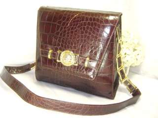 Vintage Gianni Versace Croc Stamped Leather Brown Shoulder Bag  