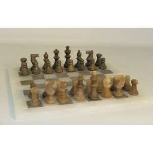  Translucent Brown and Ash Alabaster Chess Set with White 